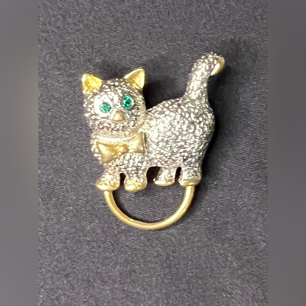 Vintage Cat Pin / Brooch Silver & Gold Tone w/ Green Rhinestone Eyes